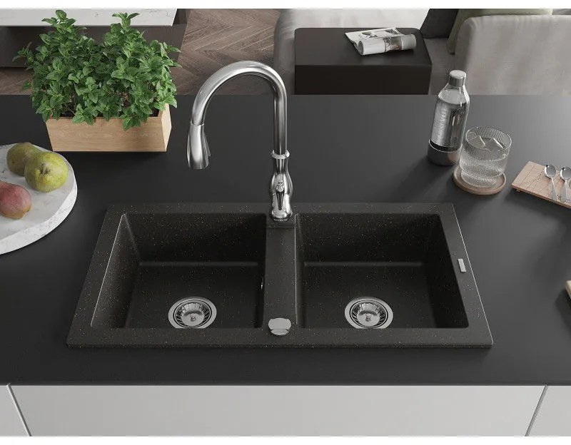 Mexen Mario, 2-komorový granitový drez 820x436x161 mm a drezová batéria Savita, čierna-zlatá metalíza, 6504-75-672601-00