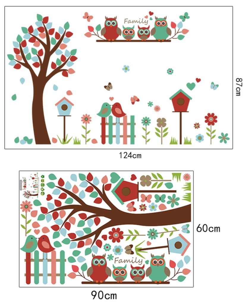 Samolepka na stenu "Strom so sovičkami 2" 124x87cm