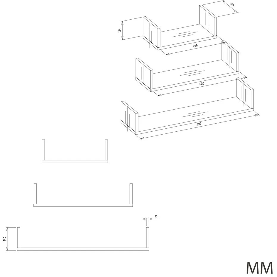 Súprava dubových nástenných políc MOBI hnedá