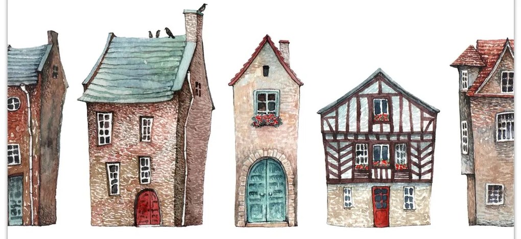 Sklenený obraz - Akvarelové domčeky (70x50 cm)