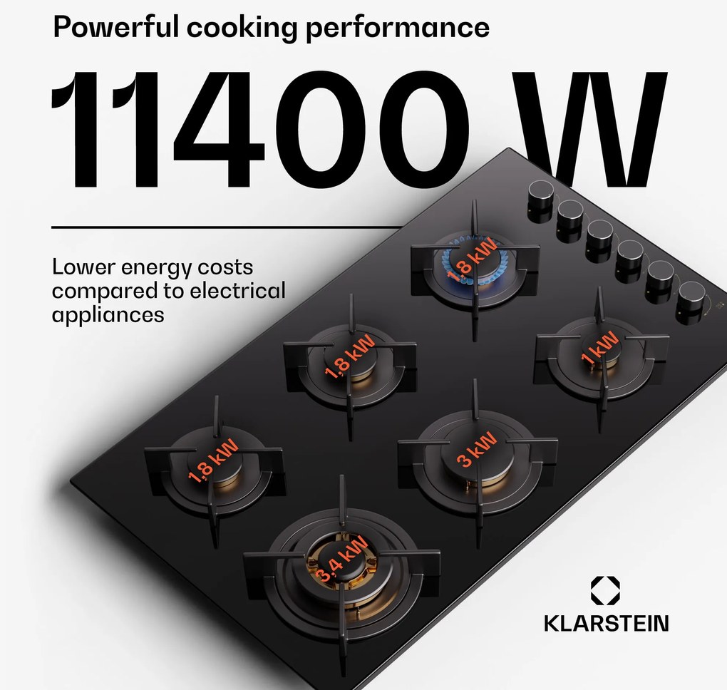 Klarstein Goldflame 6, plynová varná doska, sebestačná, 6 horákov, bočné ovládanie, plyn/propán, sklokeramika, čierna