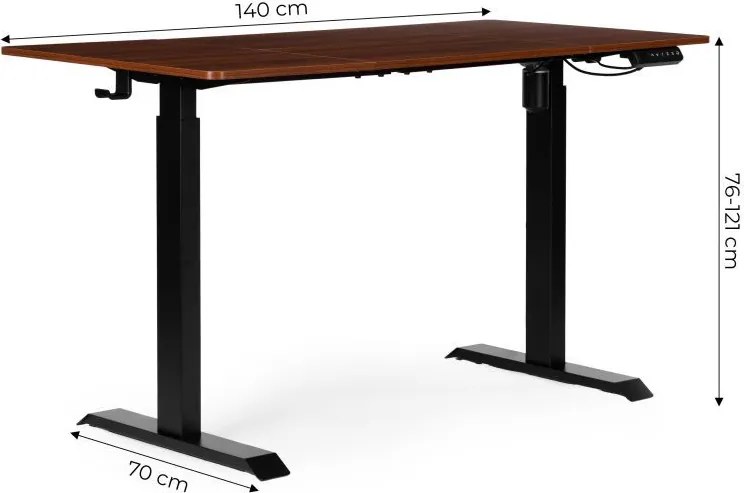 Elektrický nastaviteľný stôl 140 x 70 cm, nastaviteľná výška 76-121cm, hnedý s čiernymi nohami