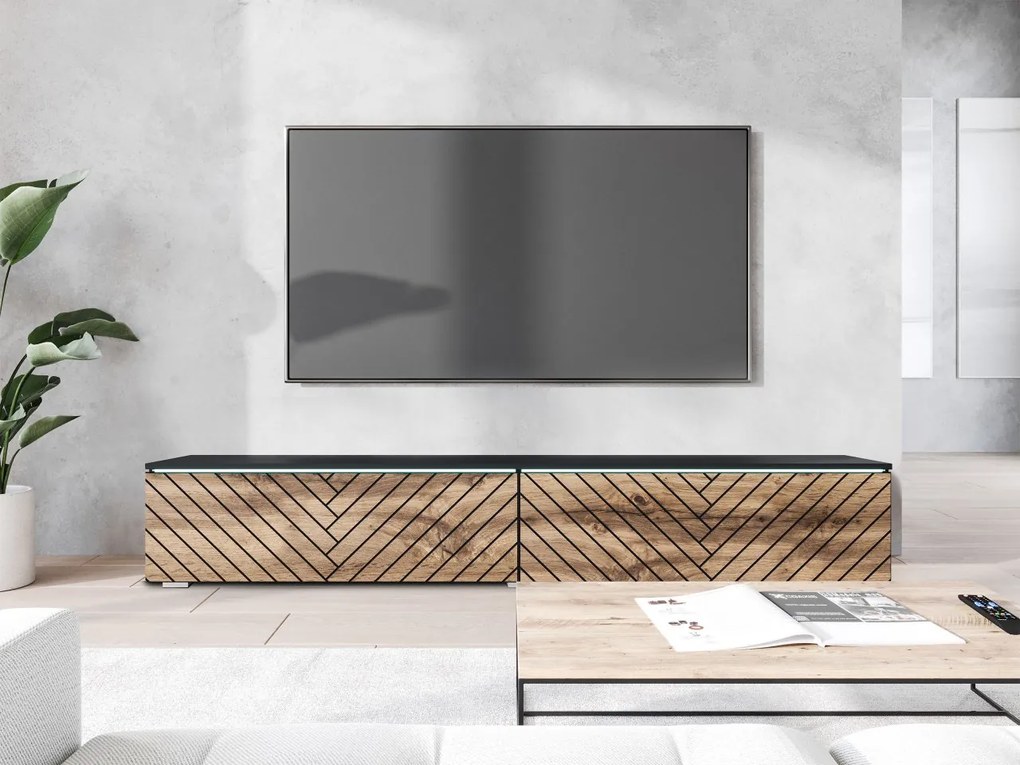 TV stolík/skrinka Dlone 180 MDF, Farby: čierny grafit / dub wotan, Osvetlenie: osvetlenie LED biele