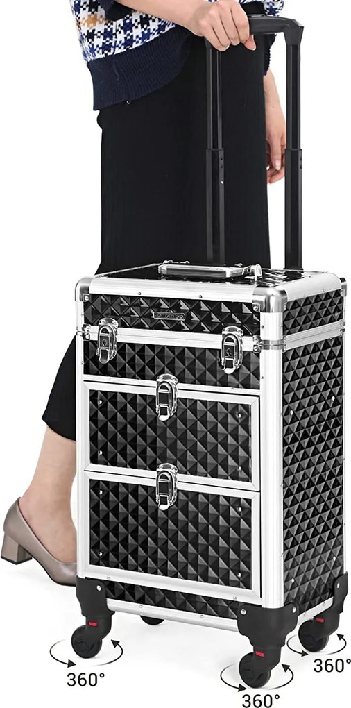 Kozmetický make-up kufor, so zásuvkami s posuvnými koľajničkami, čierny