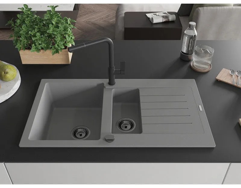 Mexen Matias, 1,5-komorový granitový drez 900x505x200 mm a drezová batéria Flora, šedá, 6502-71-670401-70-B