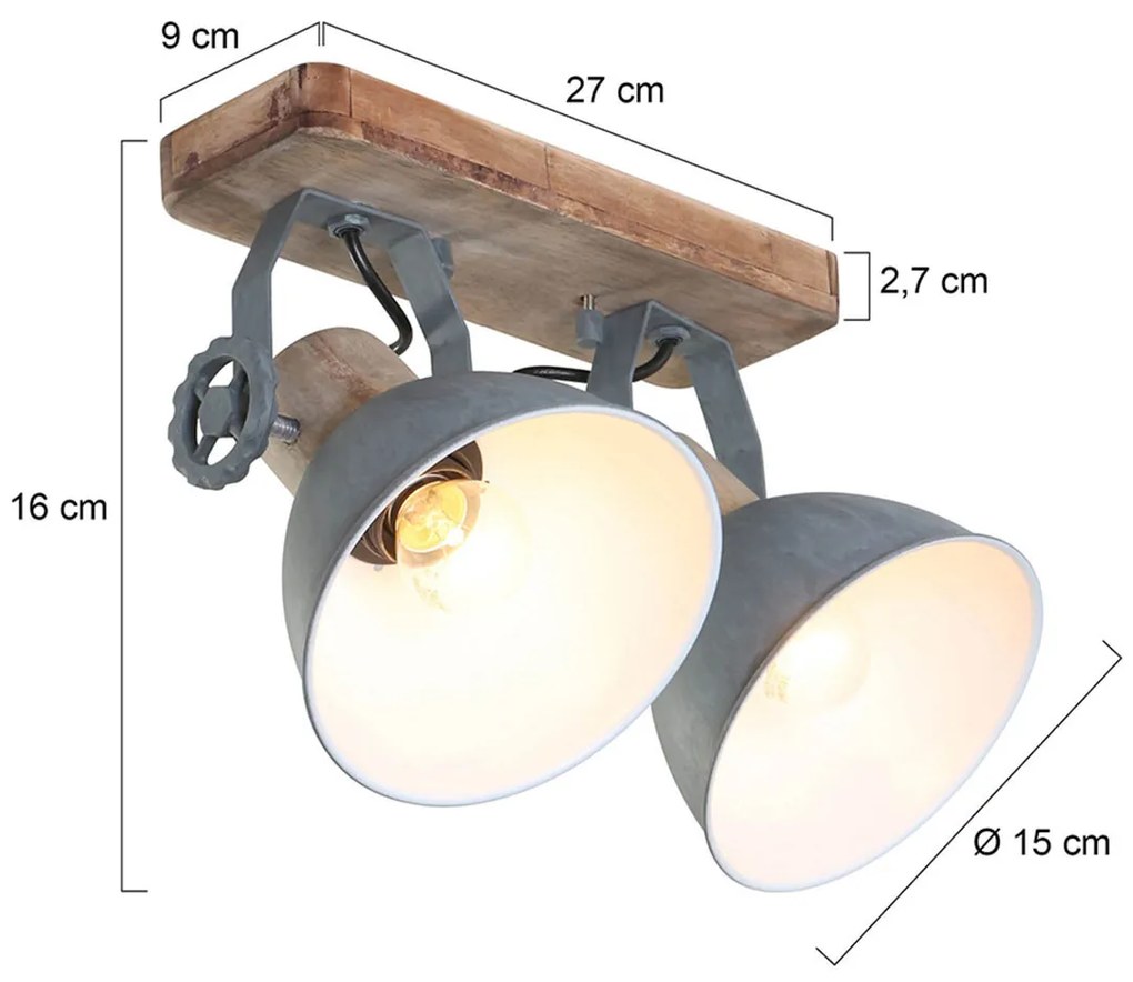 Industriële plafondspot hout met grijs 2-lichts draai- en kantelbaar - Gearwood