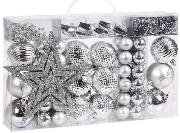 Sada vianočných závesných dekorácií ESTRELLA strieborná (66 ks)