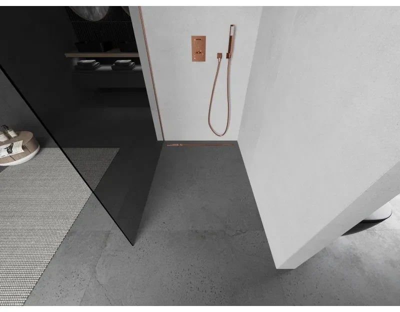 Mexen Kioto L, sprchová zástena Walk-In 90 x 200 cm, 8mm šedé sklo, medený matný profil, 800-090-103-65-40