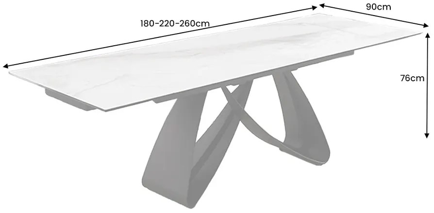 Jedálenský stôl TOMTOC 180-220-260 cm – keramický mramorový vzhľad biely