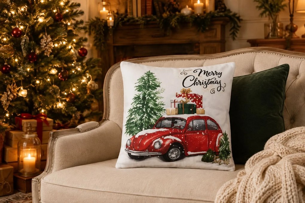 Vianočný dekoračný vankúš s autíčkom Merry Christmas - 45*45*4 cm