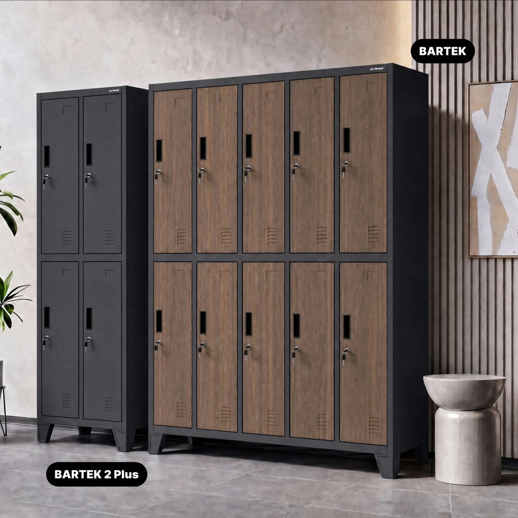 Kovová šatňová boxová skriňa na nôžkach s 10 boxami BARTEK, 1360 x 1720 x 450 mm, Eco Design: antracitová/ dub sonoma