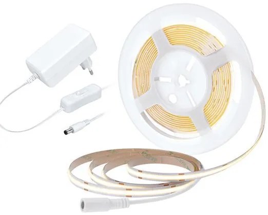 SOLIGHT COB LED pásik, sada s adaptérom, vypínač, 5m, 8W/m, 800lm/m, teplá biela