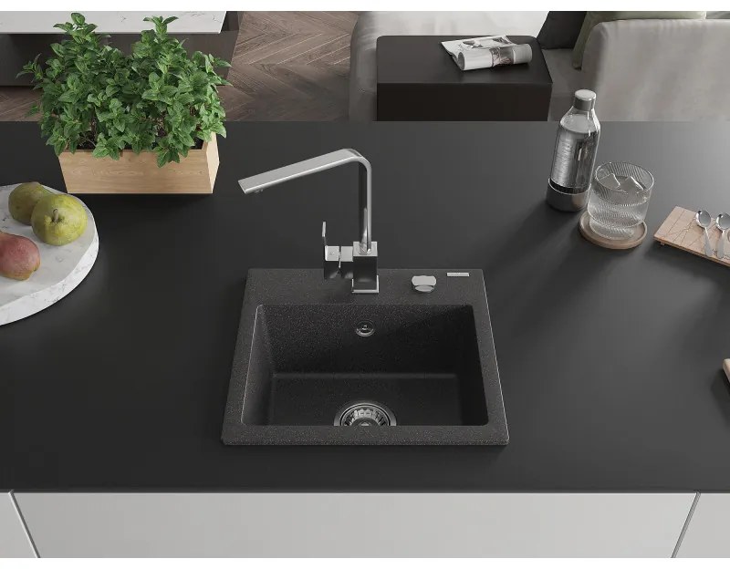 Mexen Milo, 1-komorový granitový drez 435x410x171 mm a chrómová batéria Rita, čierna škvrnitá, 6505-76-670300-00