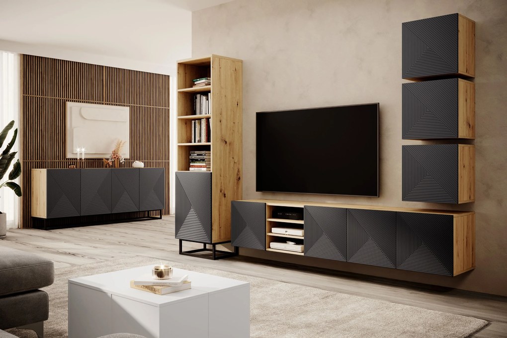 Závesná TV skrinka Asha 200 cm s ryhovaným čelom a výklenkom - dub artisan / rivier stone mat