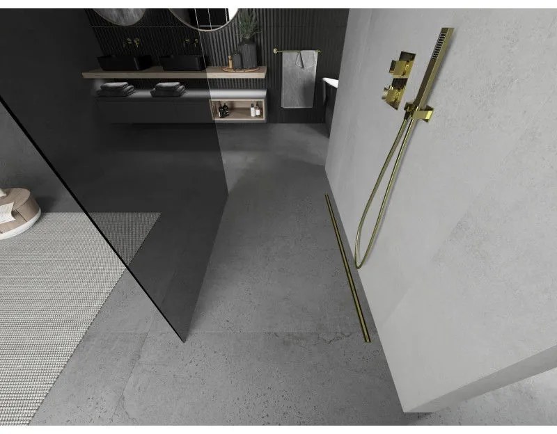 Mexen Kioto, priechodná sprchová zástena 110 x 200 cm, 8mm šedé sklo, 2x zlatá stabilizačná rozpera, 800-110-002-50-40