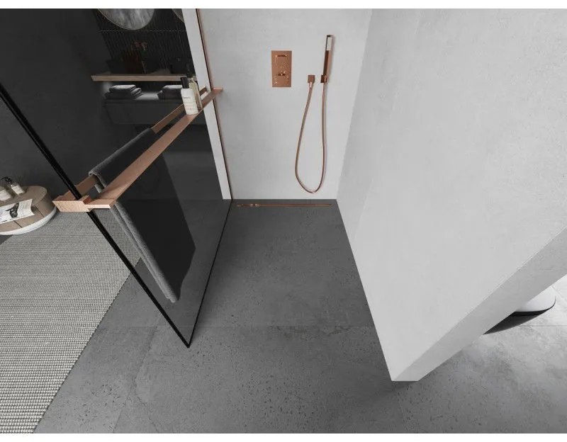 Mexen Kioto+, sprchová zástena Walk-In s poličkou a vešiakom 110 x 200 cm, 8mm číre sklo čierny vzor, medený matný profil, 800-110-121-65-70