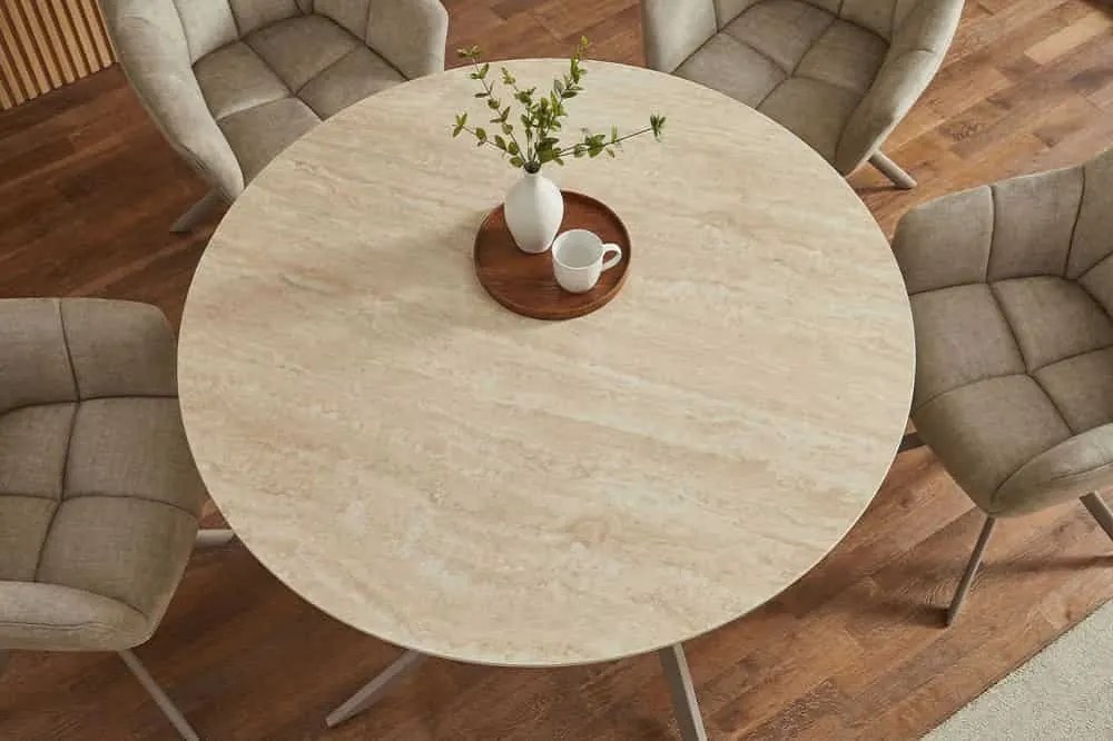 Okrúhly jedálenský keramický stôl Halia 120 cm travertín / šampanský