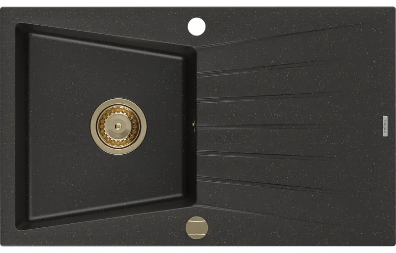 Mexen Cesar, granitový drez 775x470x190 mm, 1-komorový, čierna-zlatá metalíza so zlatým sifónom, 6514771010-75-G