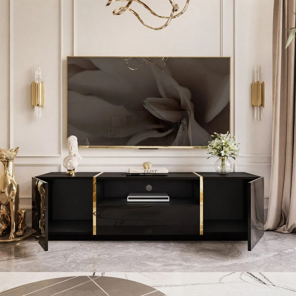 TV STOLÍK SANTINO ČIERNY LESK / ZLATÝ 158 cm