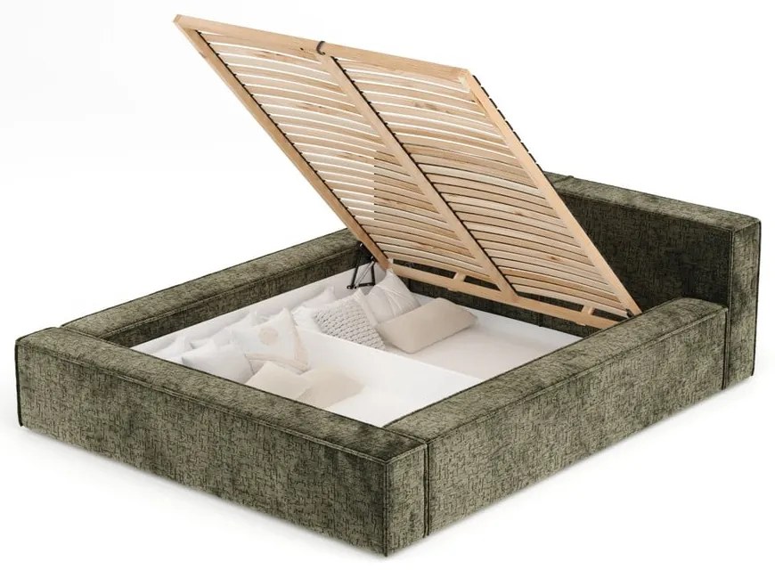 Tmavozelená čalúnená dvojlôžková posteľ s úložným priestorom s roštom 140x200 cm Voliera – Maison de Rêve