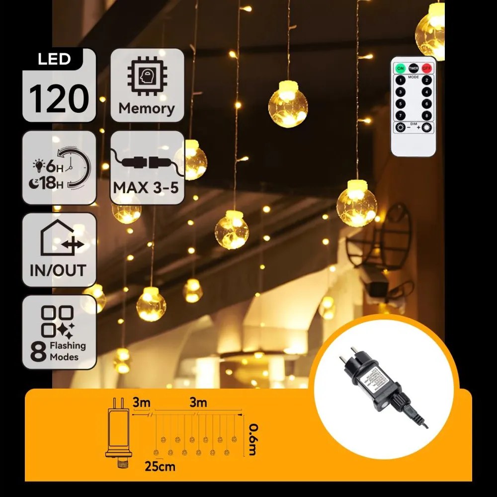 Aigostar - LED vonkajší vianočný reťaz 120xLED/6W/230V/8 funkcií 3x0,6m IP44 teplá biela + diaľkové ovládanie