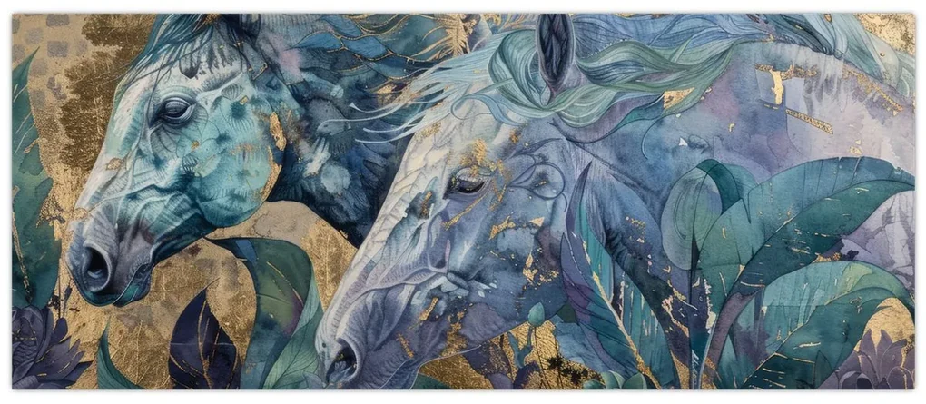 Obraz - Kone so zlatým pozadím (120x50 cm)