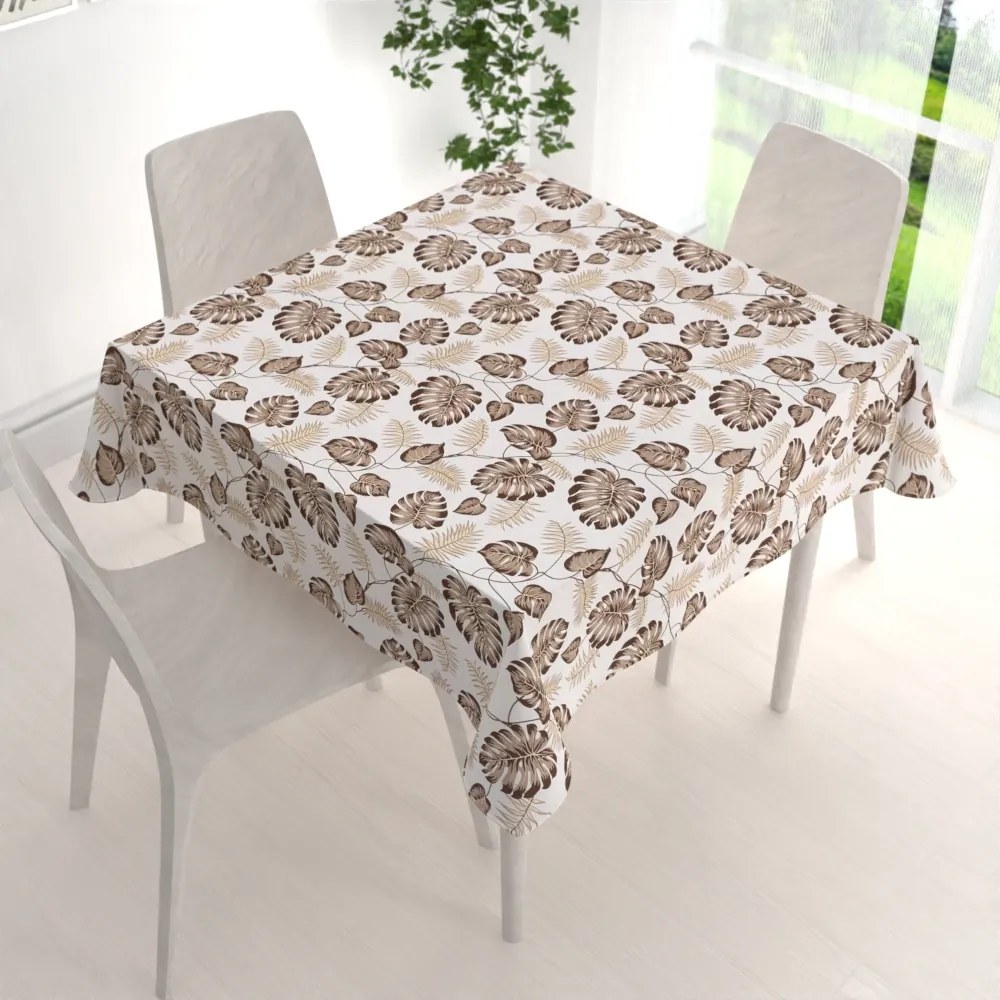 Biante Bavlnený štvorcový obrus Sandra SA-498 Hnedé listy monstery na bielom 80x80 cm