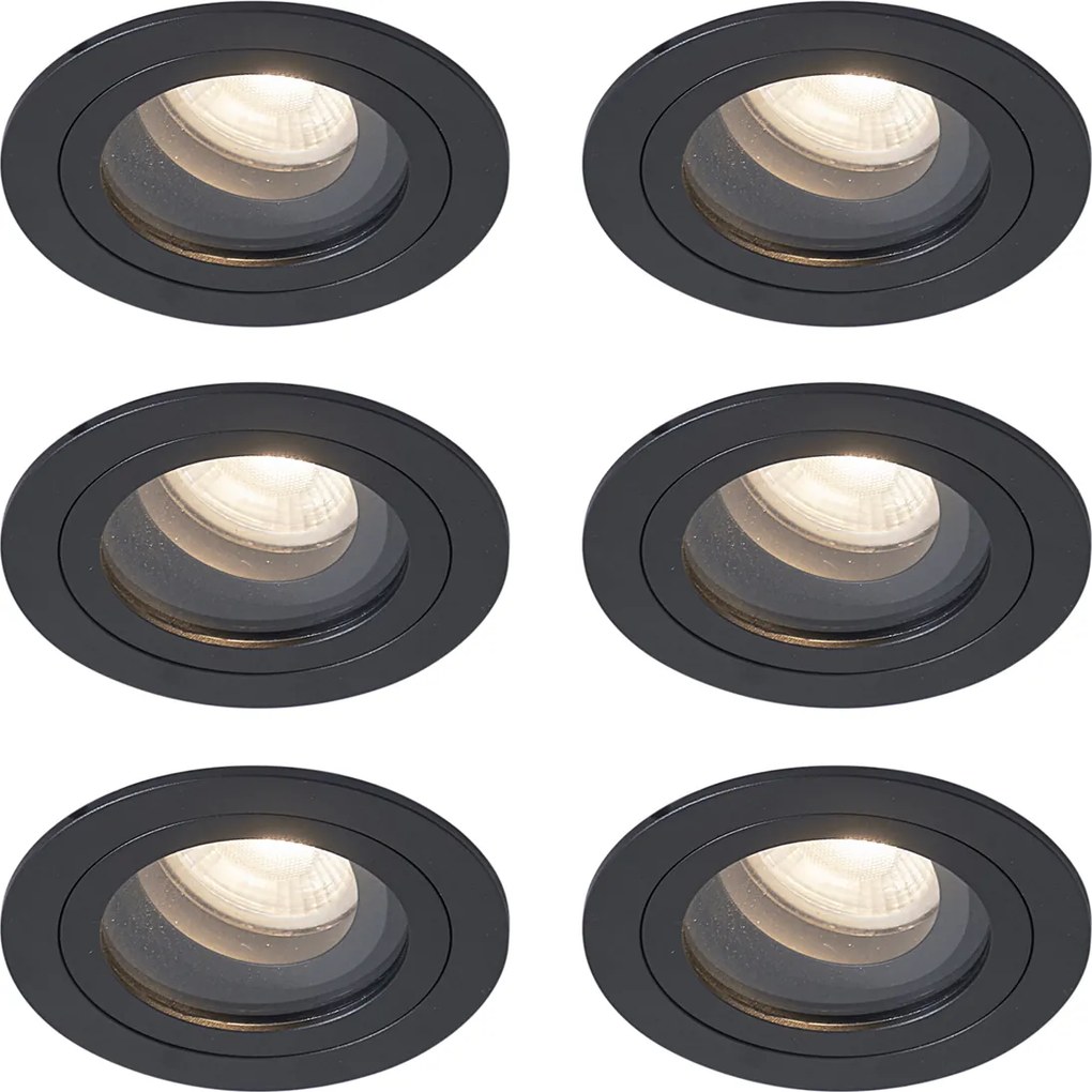 Sada 6 moderných zapustených bodových svetiel čierna otočná a naklápacia IP44 - Chuck