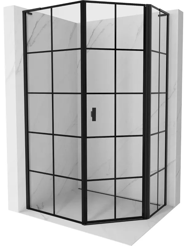 Mexen Mist L, päťuholníkový sprchový kút s krídlovými dverami, 90 x 100 cm, 8mm číre sklo, čierny profil, 8A8L-090-100-70-77-P
