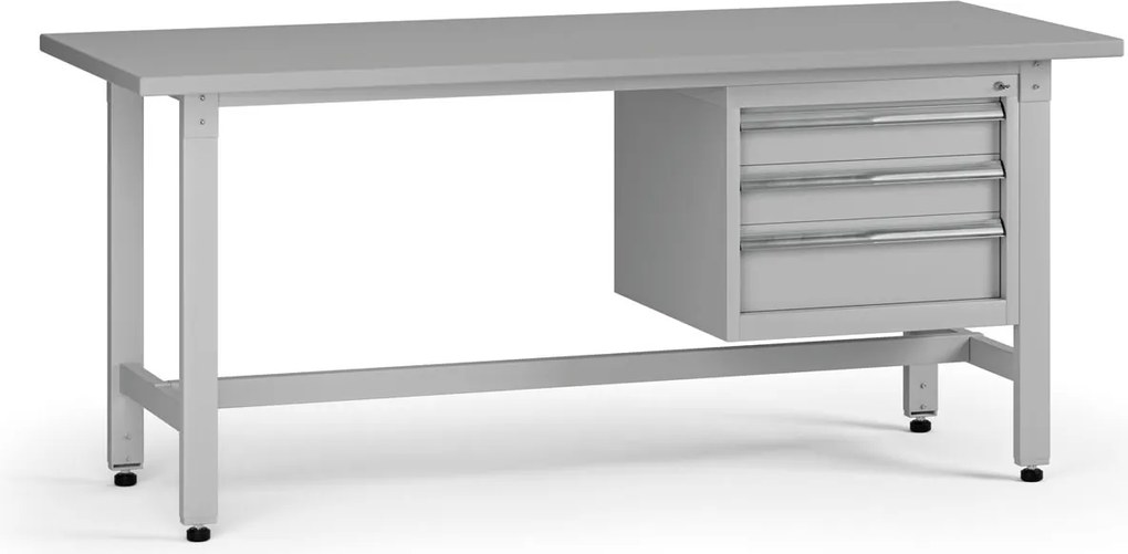 Výškovo nastaviteľný dielenský stôl G5, 1800 x 750 x 800-1000 mm, 1x kontajner, 3 zásuvky, sivá