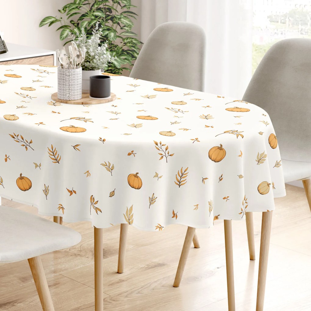 Goldea oválny obrus 100% bavlnené plátno - jesenné tekvice a lístky 120 x 160 cm