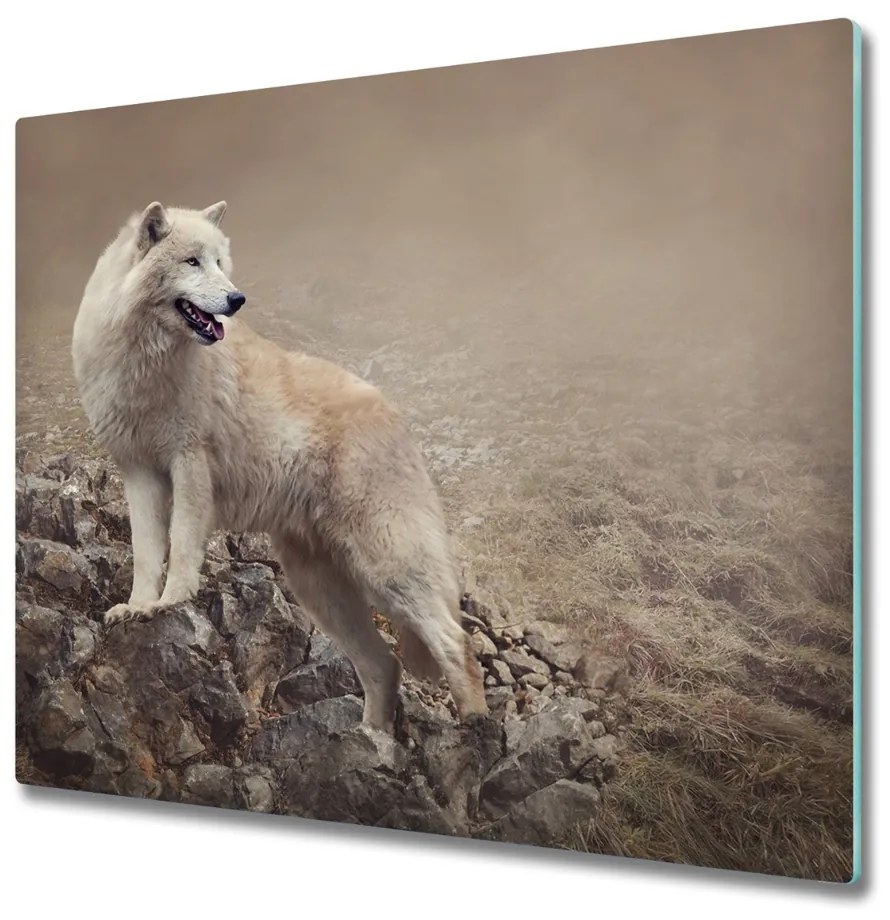 Sklenená doska na krájanie Biely vlk na skale 60x52 cm