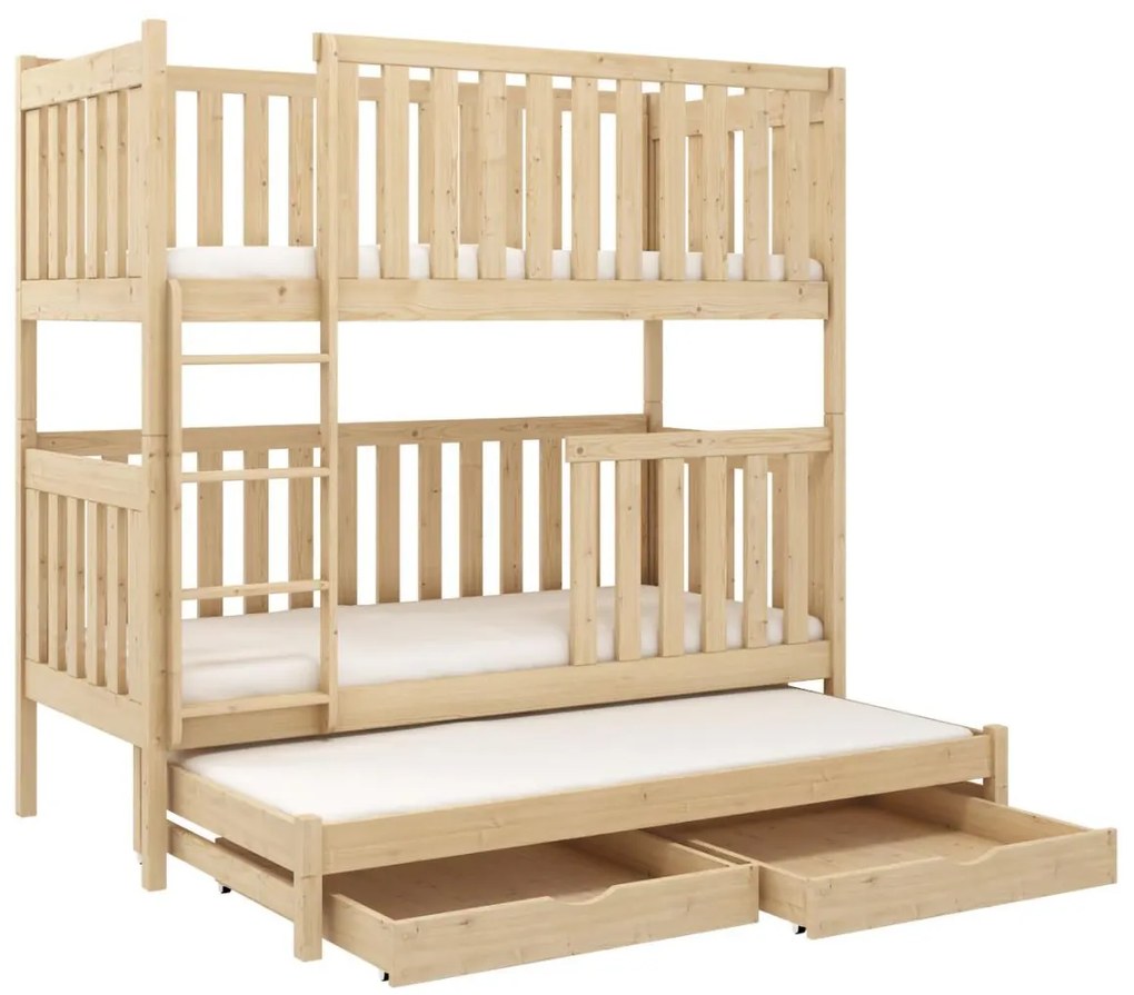 Detská poschodová posteľ z masívu borovice EMIL s prístelkou a šuplíky - 200x90 cm - prírodná