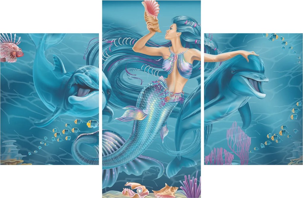Obraz - Morská víla s delfínmi (90x60 cm)