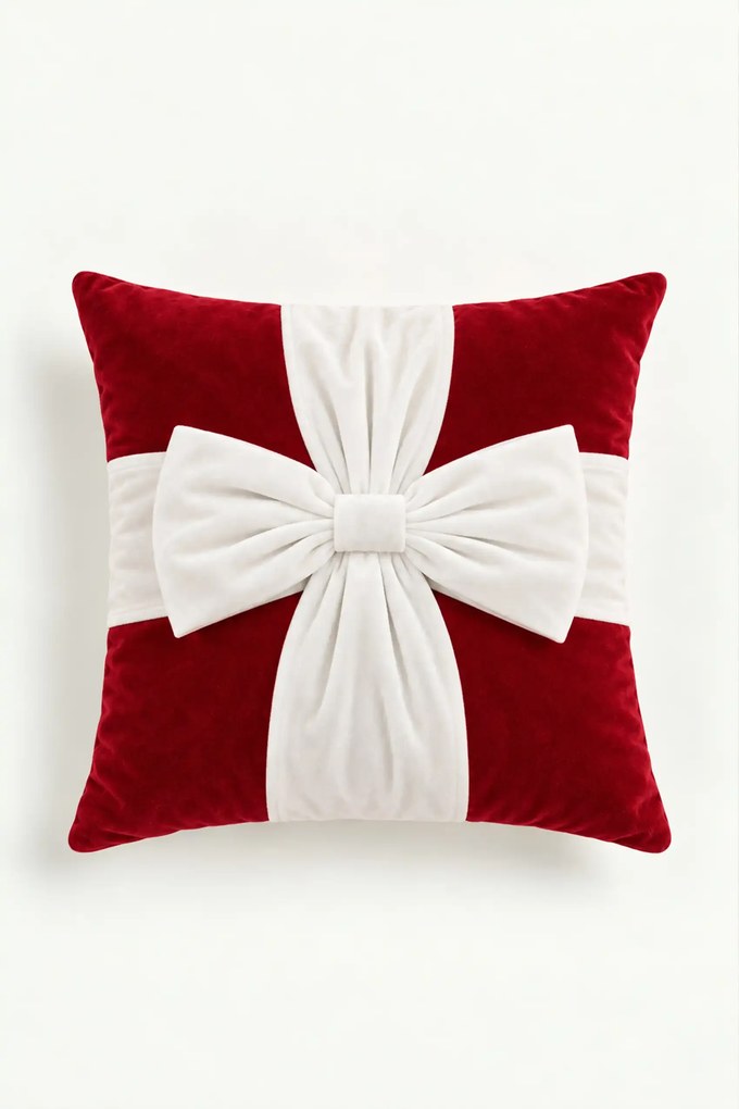 Velúrová obliečka na vankúš CHRISTMAS BOW červená s bielou 45x45 cm