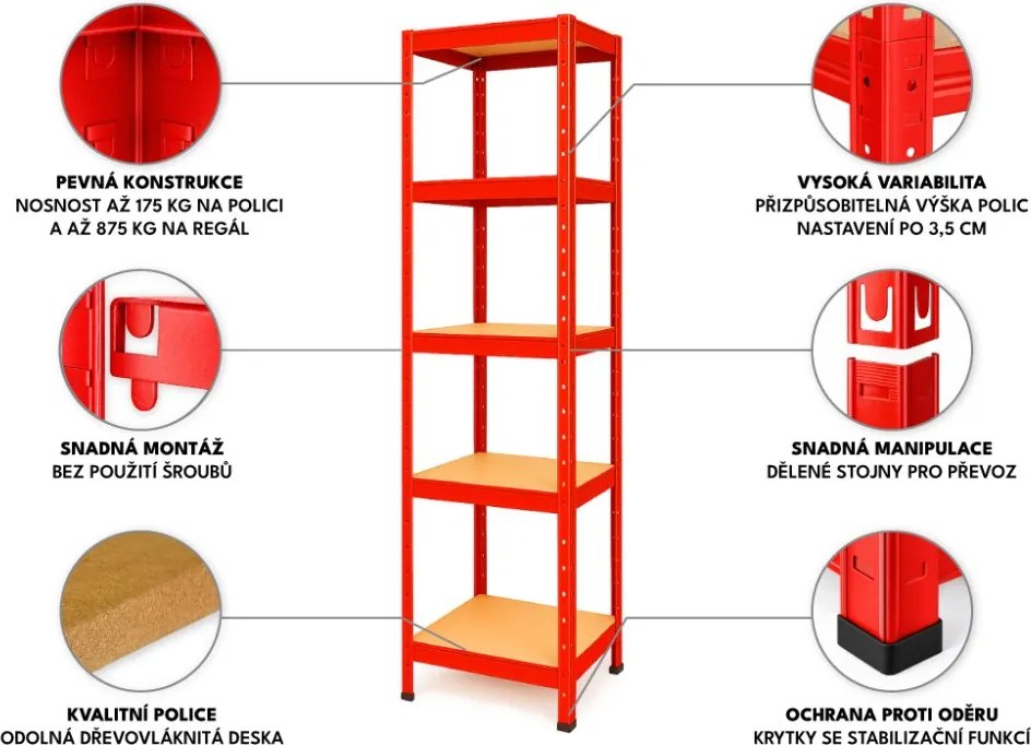 Akcia 3x Regál 180x40x40 cm lakovaný 5-policový, nosnosť 875 kg - červený