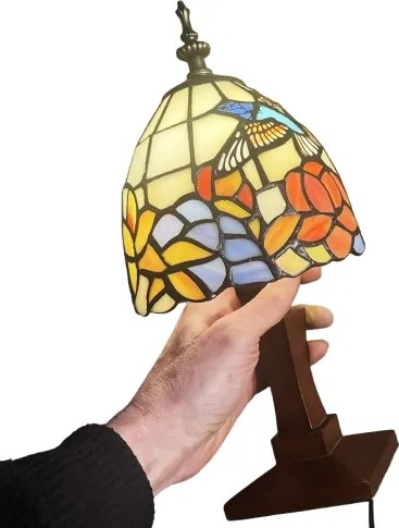 Nočná lampa Tiffany vitáž KOLIBRÍK_WOOD BASE 34*15 E14