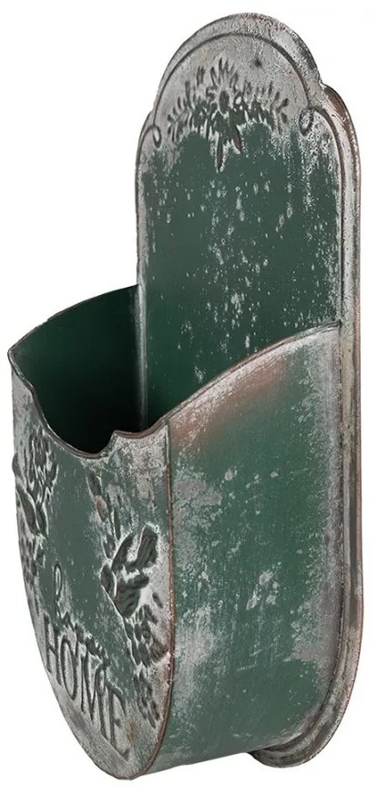 Zelený antik plechový nástenný držiak na kvety Happy Home - 28*9*41 cm