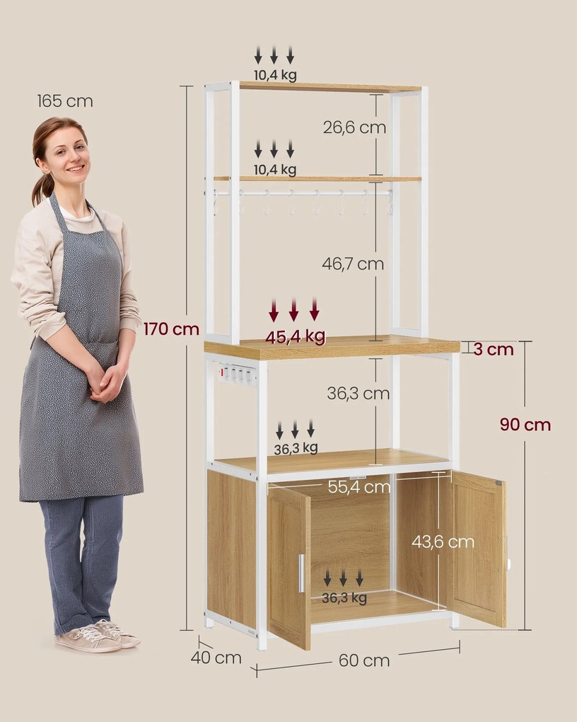VASAGLE kuchynská polica s integrovanou zásuvkou 40×60×170 cm, dub-biela