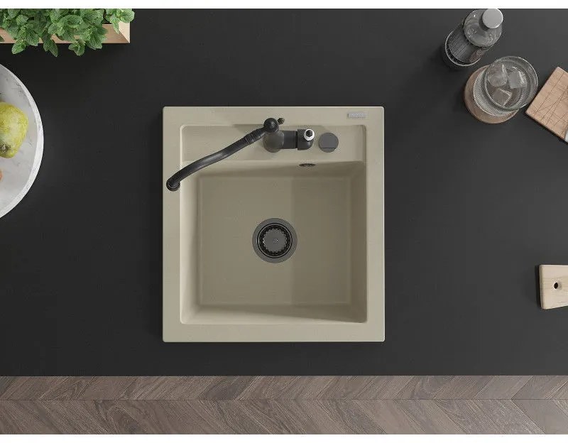 Mexen Vito, granitový drez 490x520x210 mm, 1-komorový a drezová batéria Carla, béžová, 6503-69-670700-70