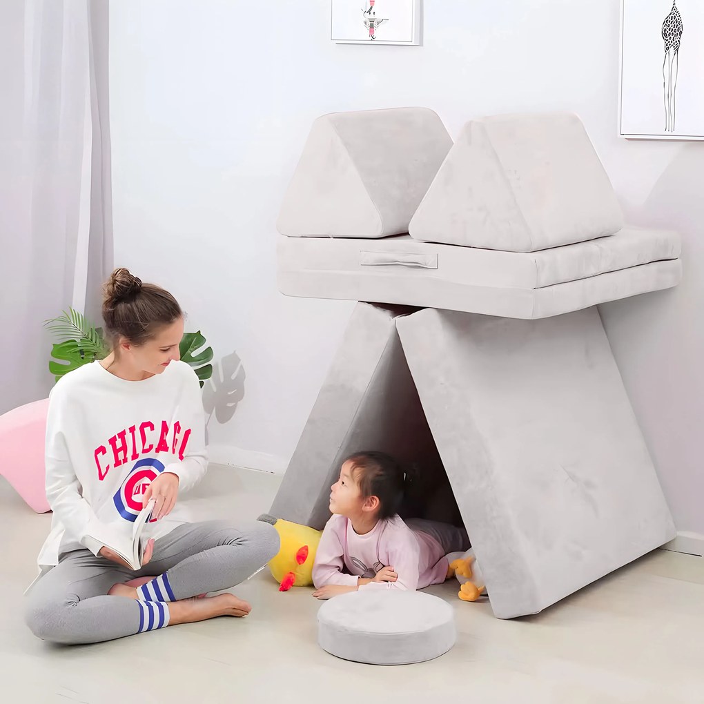 DIY veľká skladacia modulárna pohovka pre deti 8 mäkkých vankúšov - sivá ECOTOYS