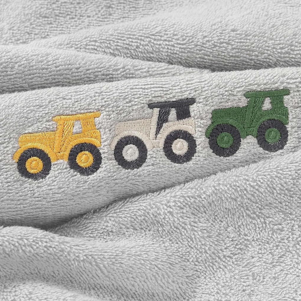Goldea detský froté uterák - farebné traktory na sivej 30 x 50 cm