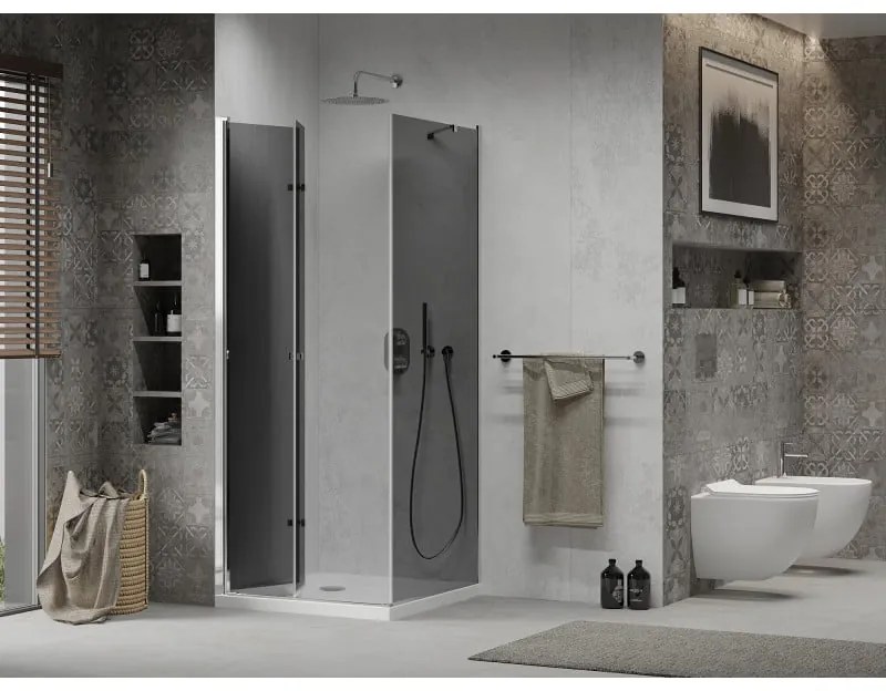 Mexen Lima, sprchový kút so skladacími dverami 80 (dvere) x 80 (stena) cm, 6mm šedé sklo, chrómový profil + slim sprchová vanička biela + chrómový sifón, 856-080-070-01-40-4010
