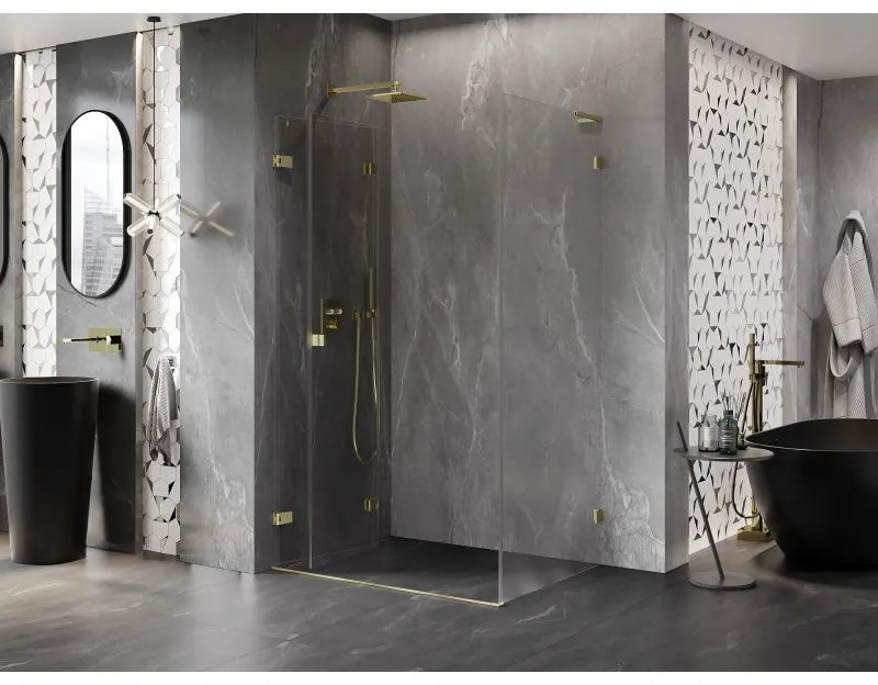 Mexen Lunar-F L, 1-krídlový sprchový kút so skladacími dverami, ľavý, 85 x 70 cm, 8mm číre sklo, zlatý matný profil, 836L-085-070-55-00-L