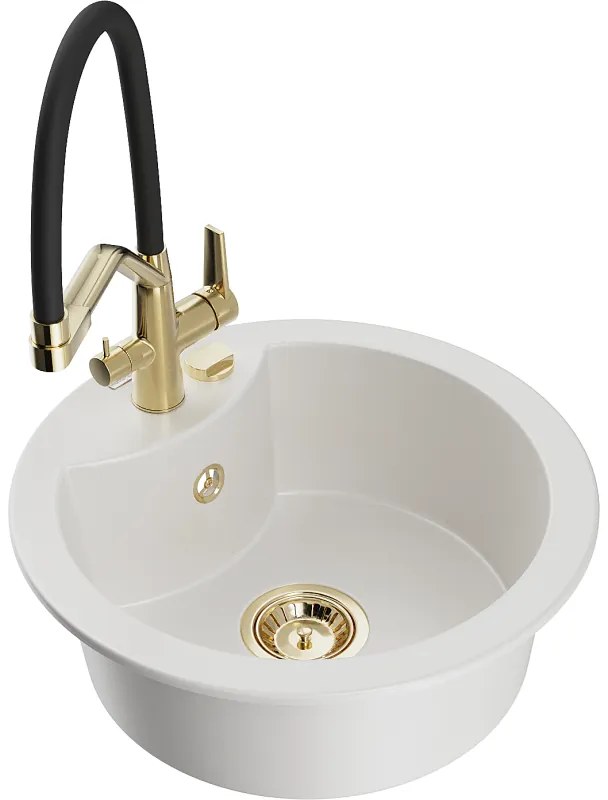 Mexen Diego, 1-komorový granitový drez 488x488x167 mm a drezová batéria Duo, biela, 6512-20-671701-57-G