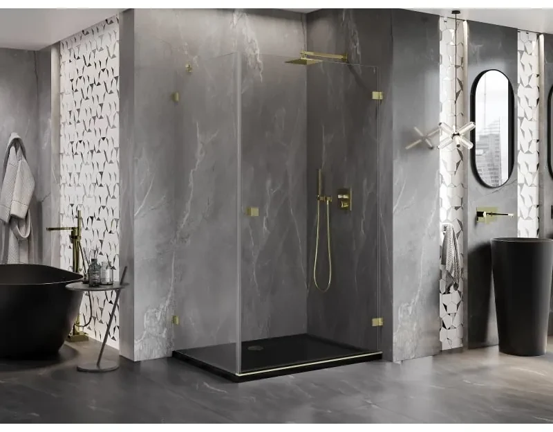 Mexen Lunar-B, pravostranný výklopný sprchový kút 90 x 70 cm, 8mm číre sklo, zlatý kartáčovaný - 832-090-070-55-00-P