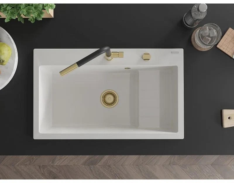 Mexen Omar, 1-komorový granitový drez 800x480x210 mm, biela, zlatý sifón, 6520801005-20-G