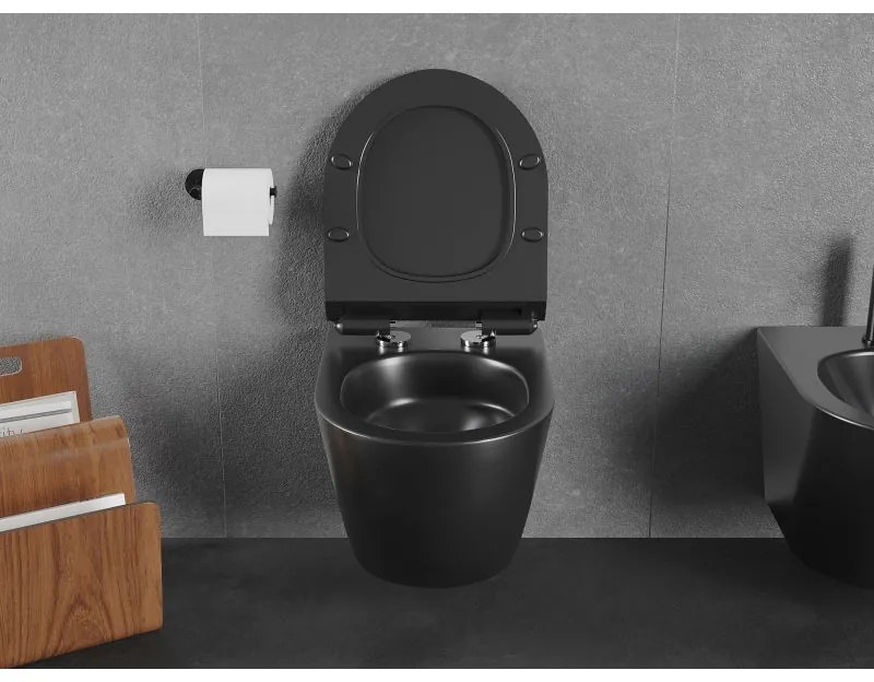 Mexen Lena, závesná WC misa 490x360x340 mm, Rimless Tornádo + WC sedadlo z duroplastu, čierna matná, 30220185T