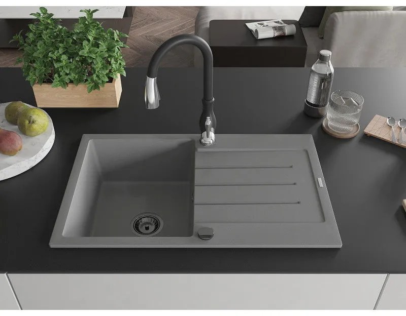 Mexen Bruno, 1-komorový granitový drez 795x495x200 mm a drezová batéria Savita, šedá, 6513-71-672601-70-B