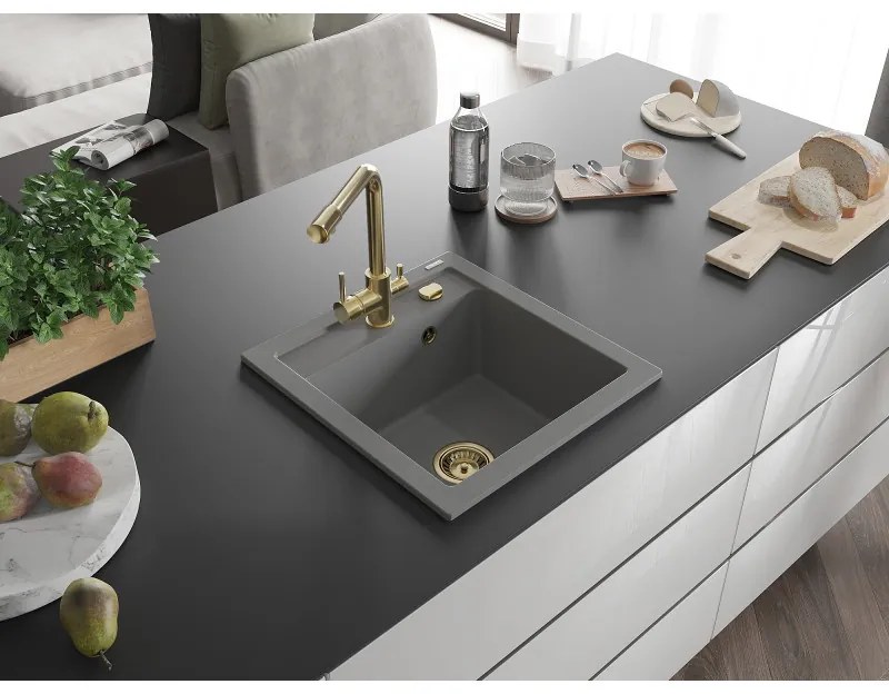 Mexen Vito, 1-komorový granitový drez 520x490x210 mm, zlatá batéria Duero, šedá, 6503-71-671600-50